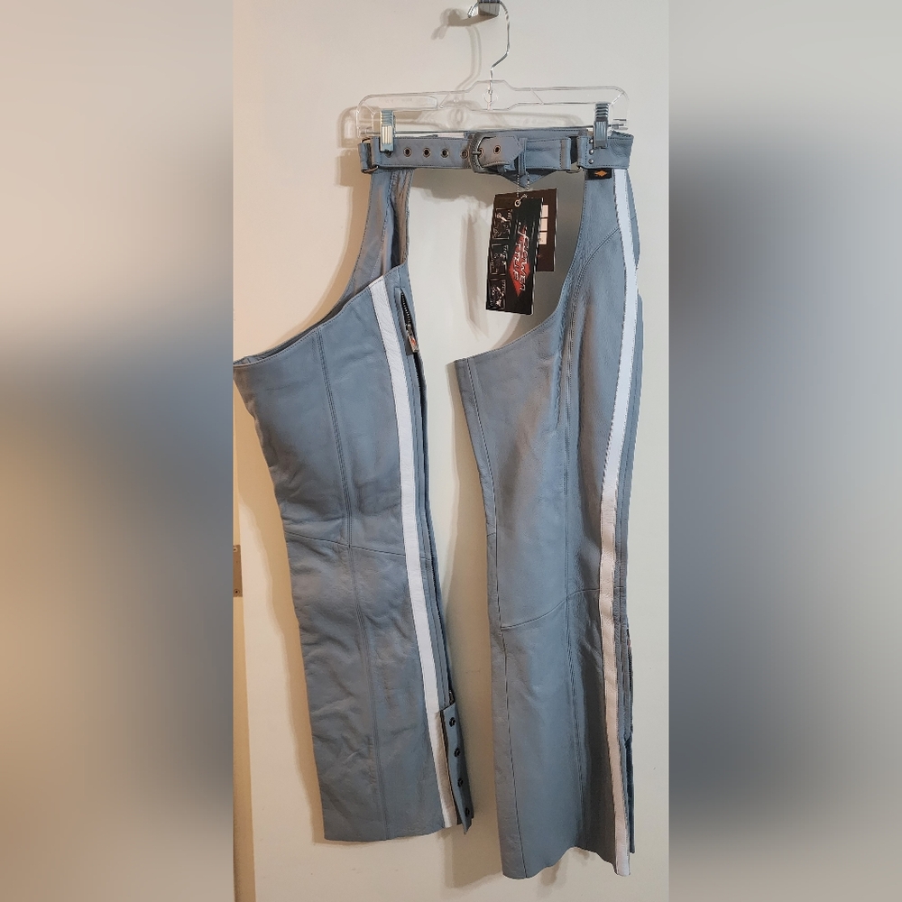 PowerTrip Leather Chaps, size Small, light blue with 2 white stripes down